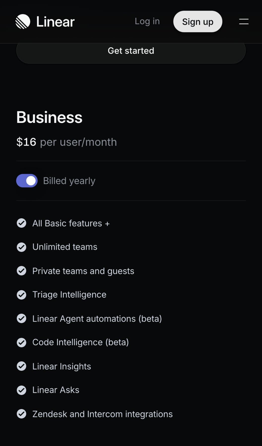 Linear’s Pricing: the Business plan screen, captured 3 July 2026. Pins: 3, Bad; 5, Good.