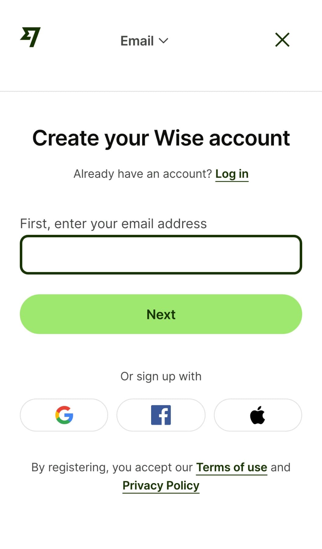 Wise’s Sign-up: the email step screen, captured 3 July 2026. Pins: 7, Good.