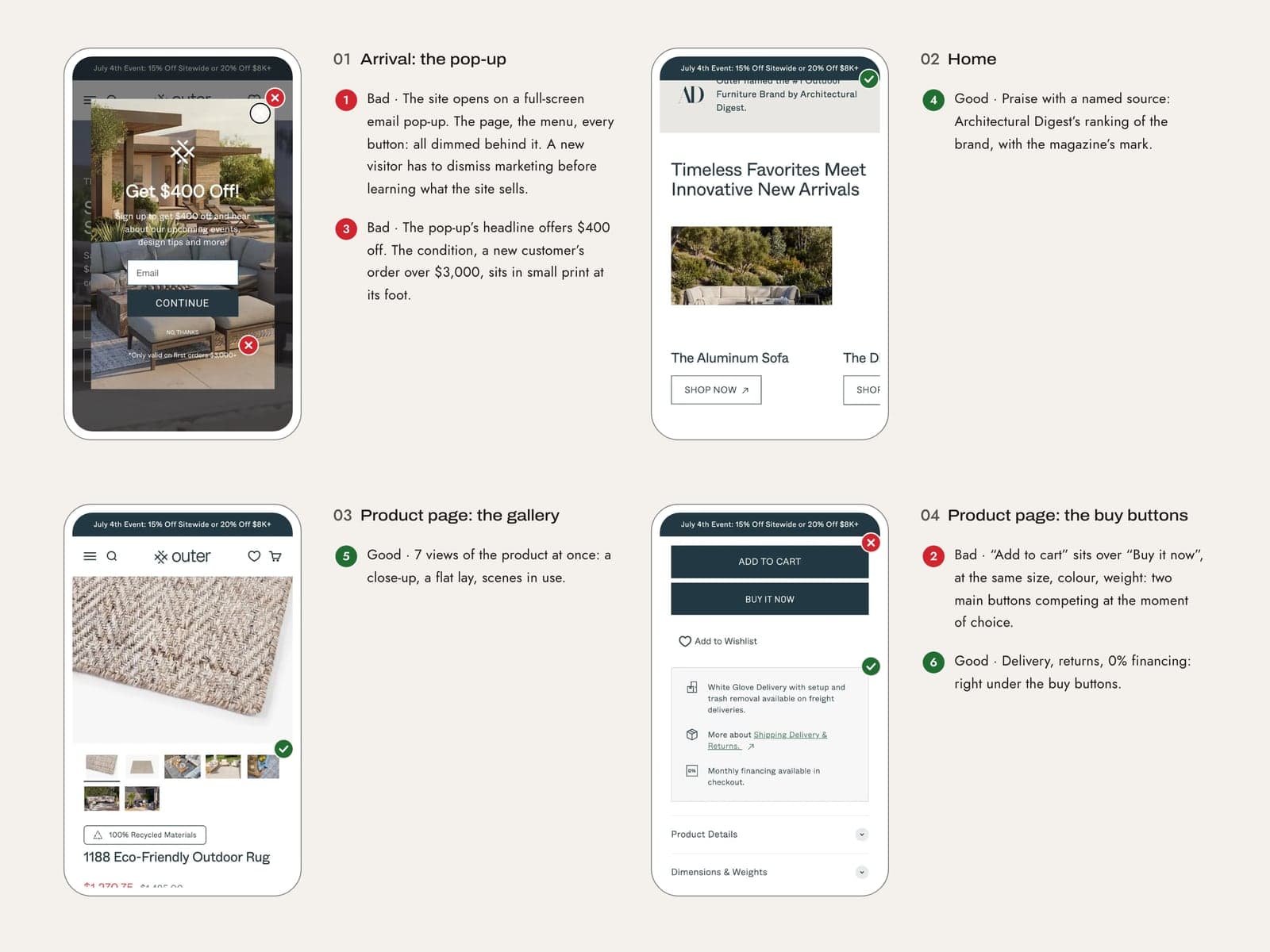 A page of Mukamal’s Outer case study: its screens, each finding pinned