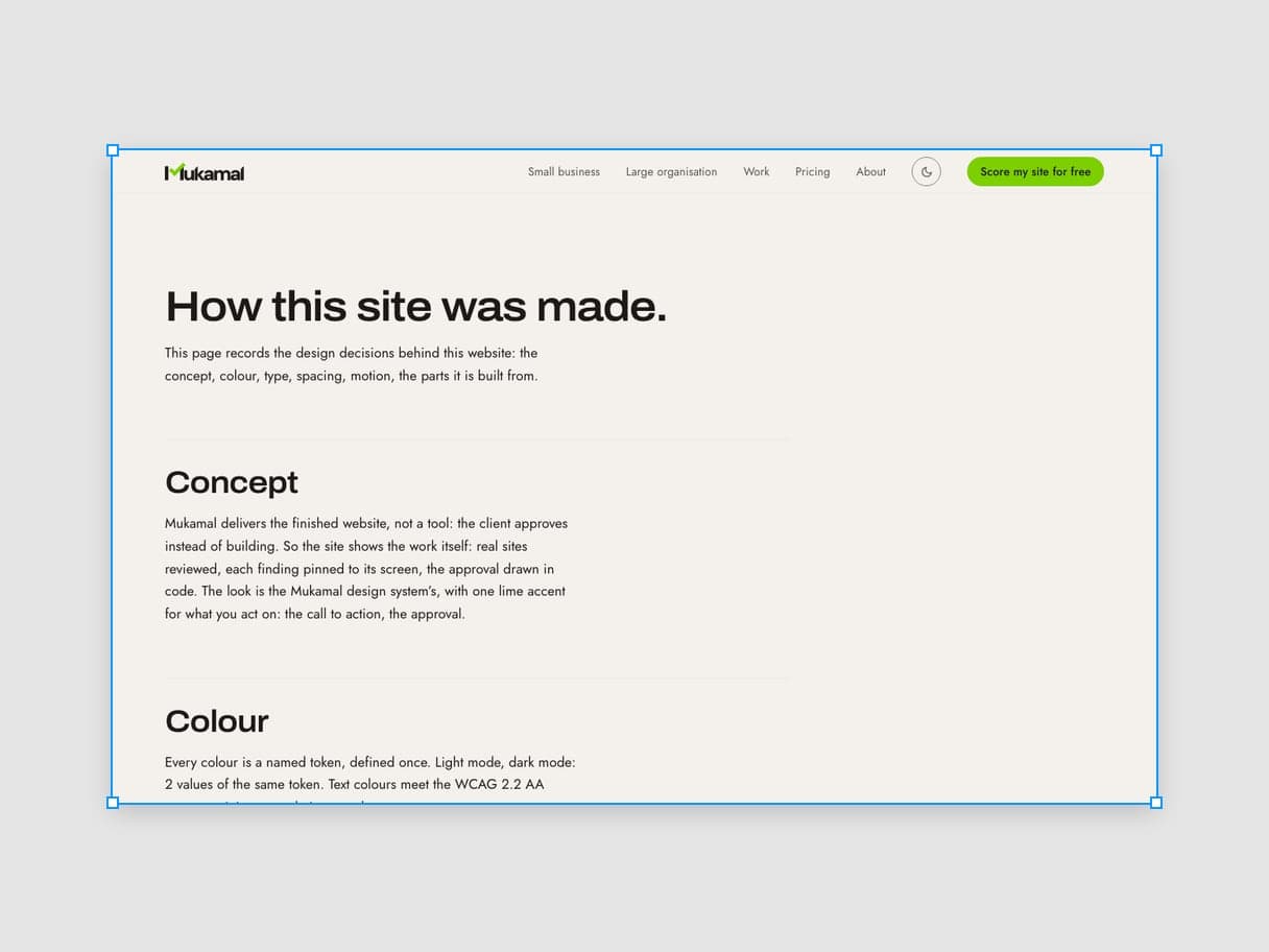 A page Mukamal designed in its own design system, this site’s guide, as a design file