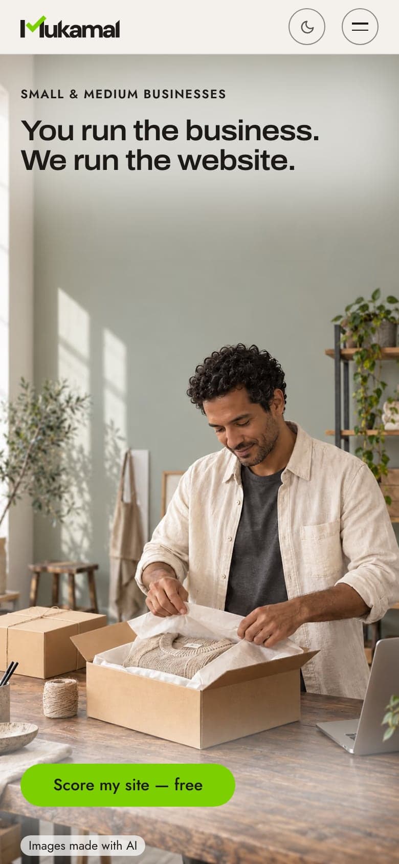 This site’s small-business page on a phone, built on Mukamal’s system