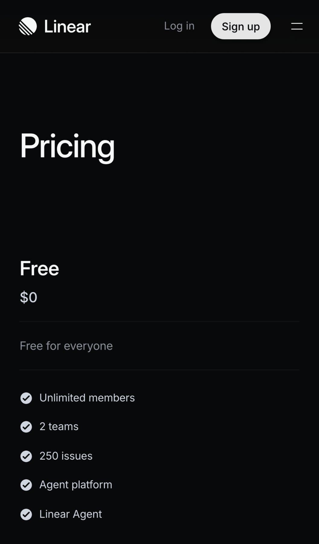 Linear’s Pricing: arrival screen, captured 3 July 2026. Pins: 2, Bad.