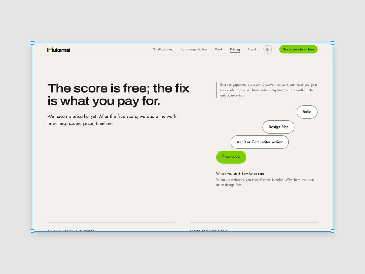 A page Mukamal designed in its own design system, this site’s pricing, as a design file